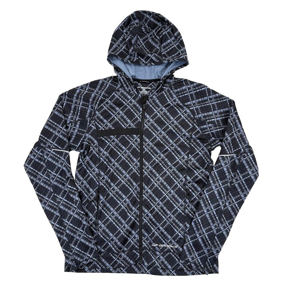 Brooks Running Jacket Men S Black Blue Plaid Hooded Windbreaker Lightweight Rain